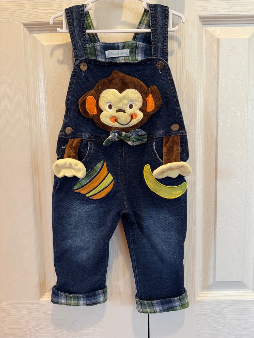Junk Food Clothing Navy Denim Overalls with Monkey Appliqué